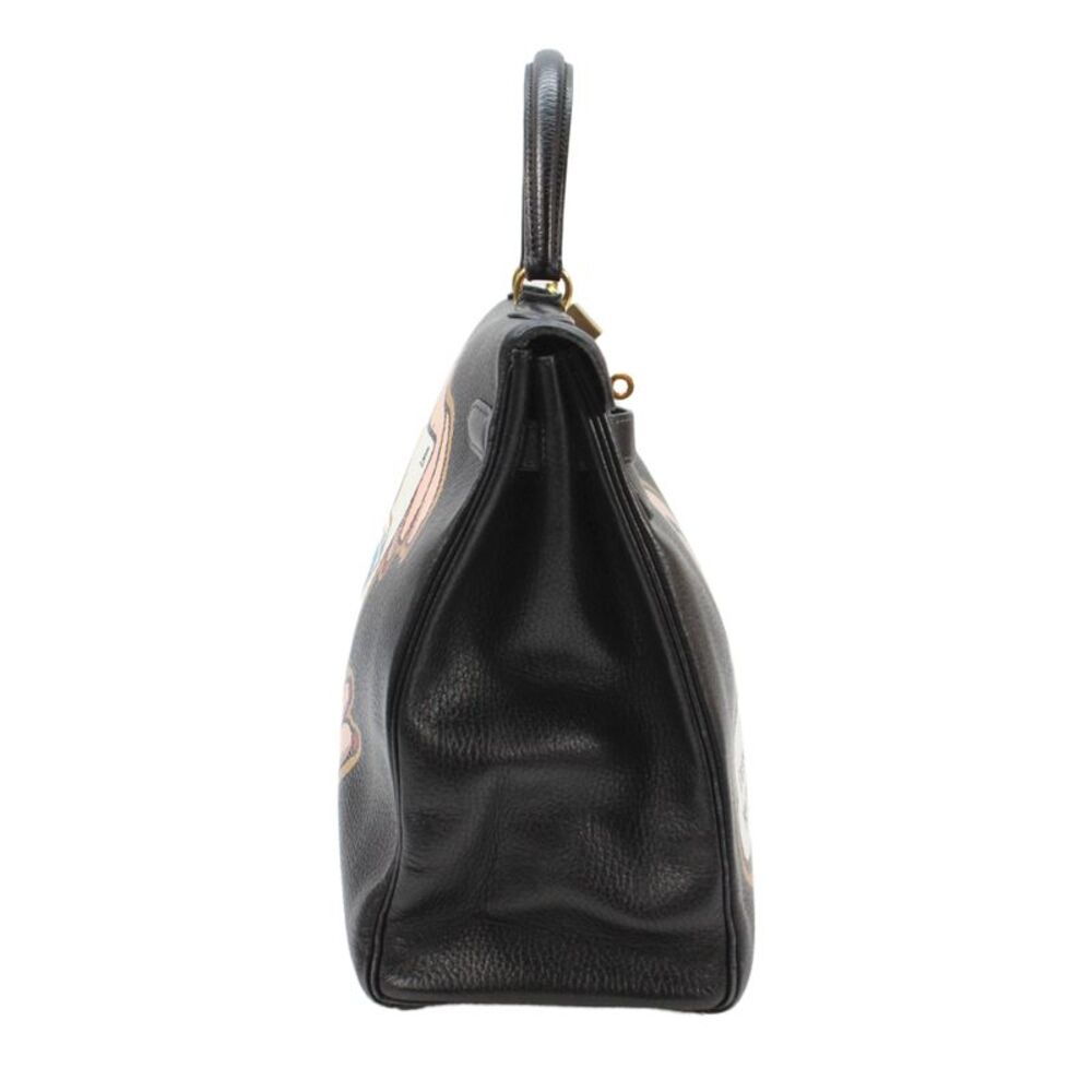 Hermes Womens Printed Kelly 35 Gold Tone Hardware Leather Handbag Black - Picture 3 of 8
